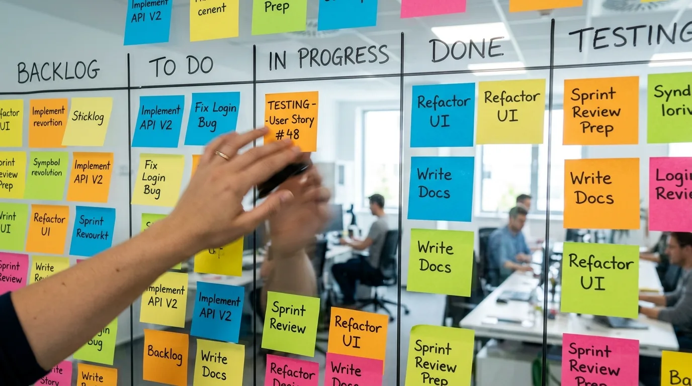 Foto em close realista de post-its sendo movidos em um quadro de planejamento tático