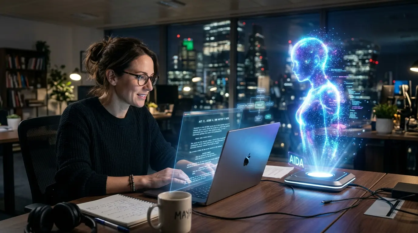 Escritor criativo colaborando com inteligência artificial