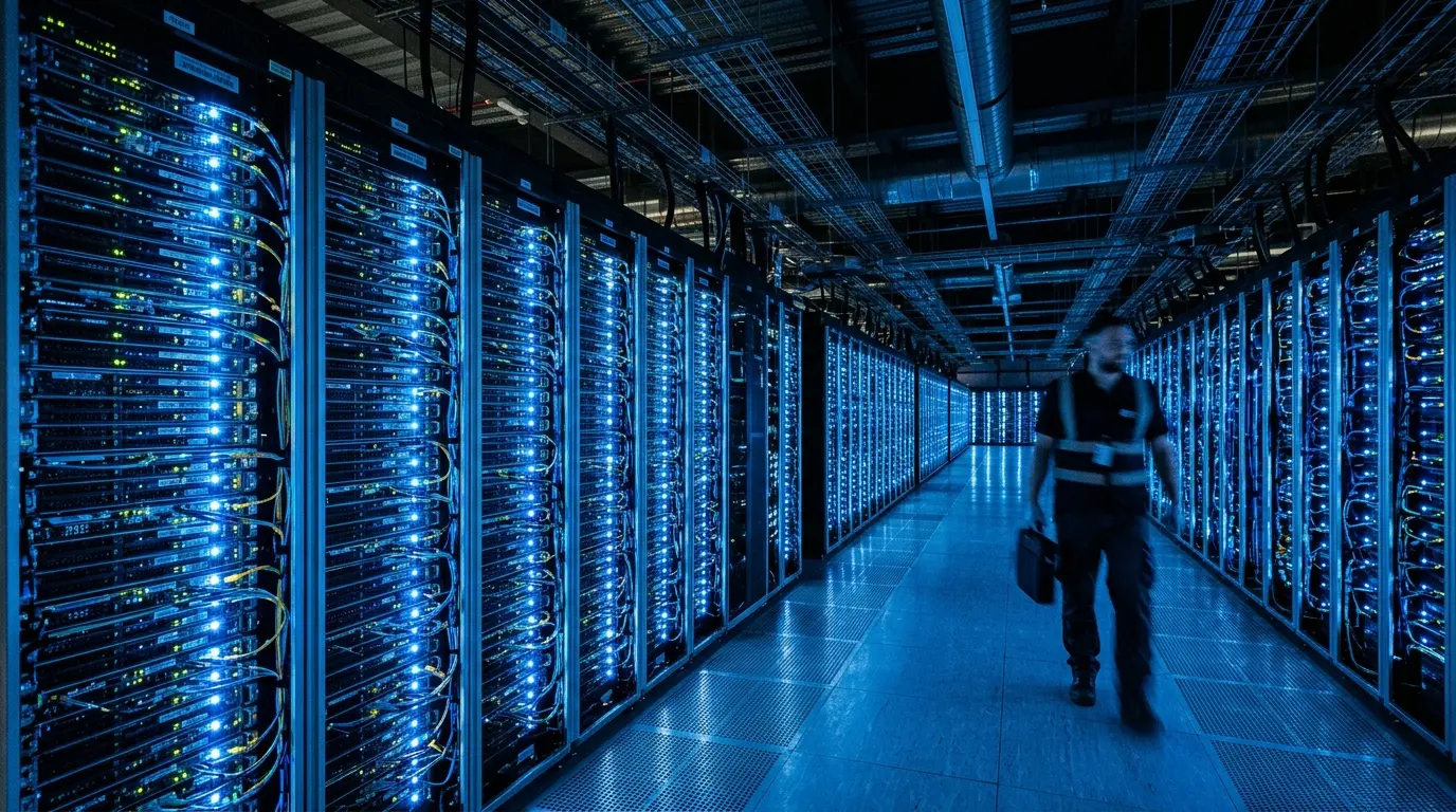 Visão interna de um datacenter ultramoderno com servidores massivos iluminados por LEDs, representando a infraestrutura de cloud computing.