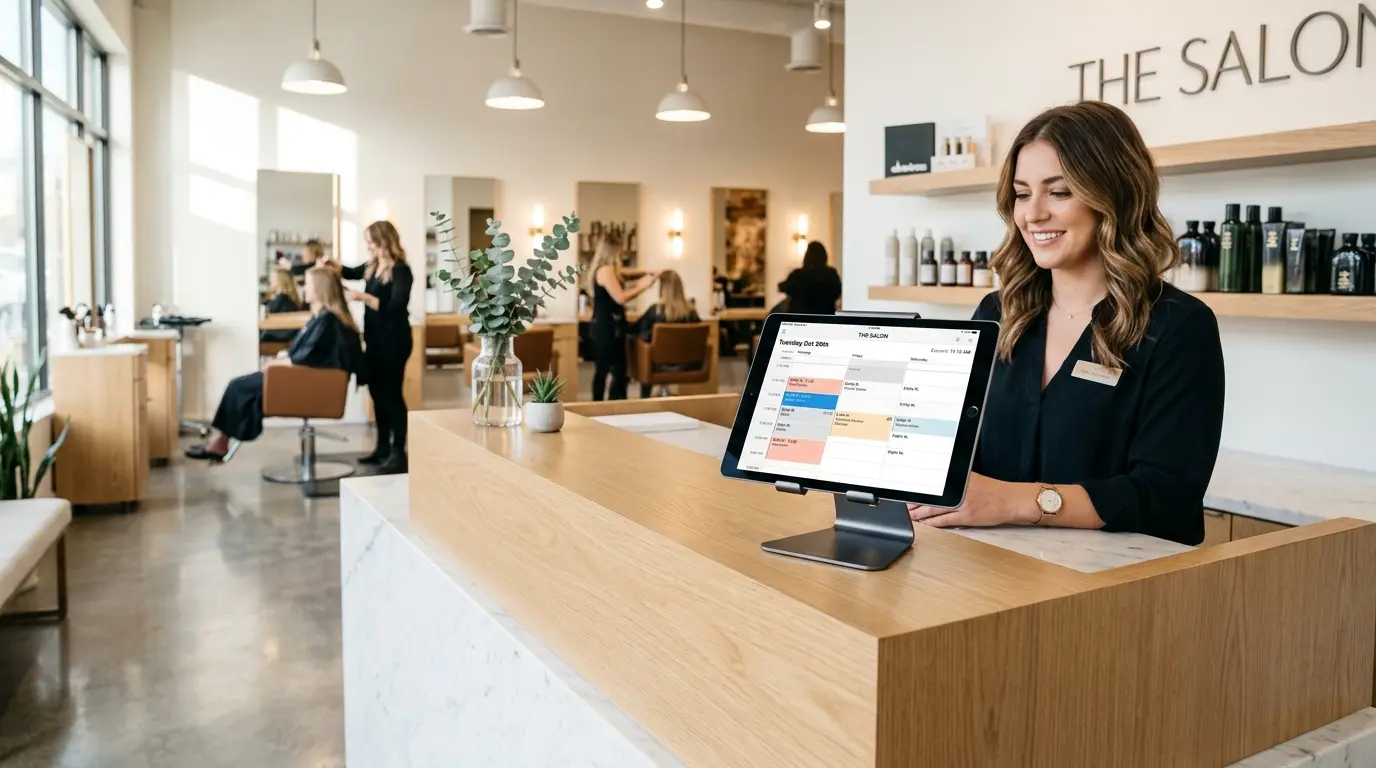 Recepção moderna de um salão de beleza sem papéis ou agendas físicas