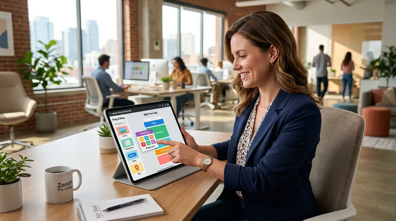 Profissional de negócios utilizando plataforma visual para criar apps