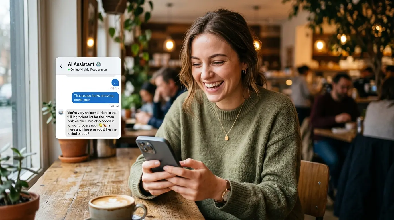 Cliente sorridente utilizando smartphone para atendimento via chatbot