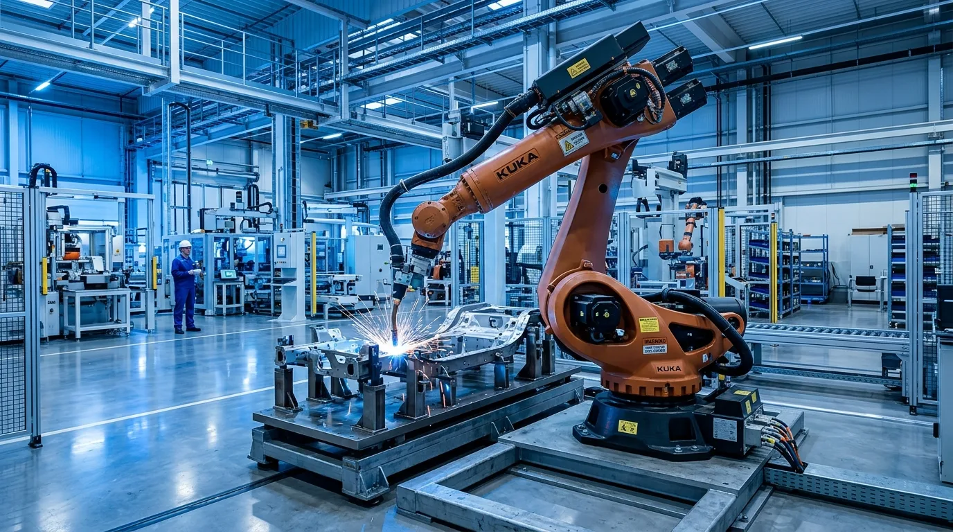 Fábrica moderna ilustrando os conceitos da Indústria 4.0 com braços robóticos e painéis de dados holográficos