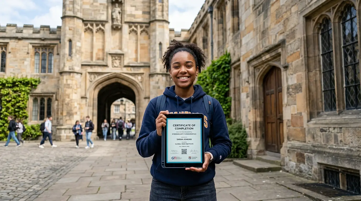 Estudante moderno com orgulho de suas conquistas baseadas em habilidades diretas