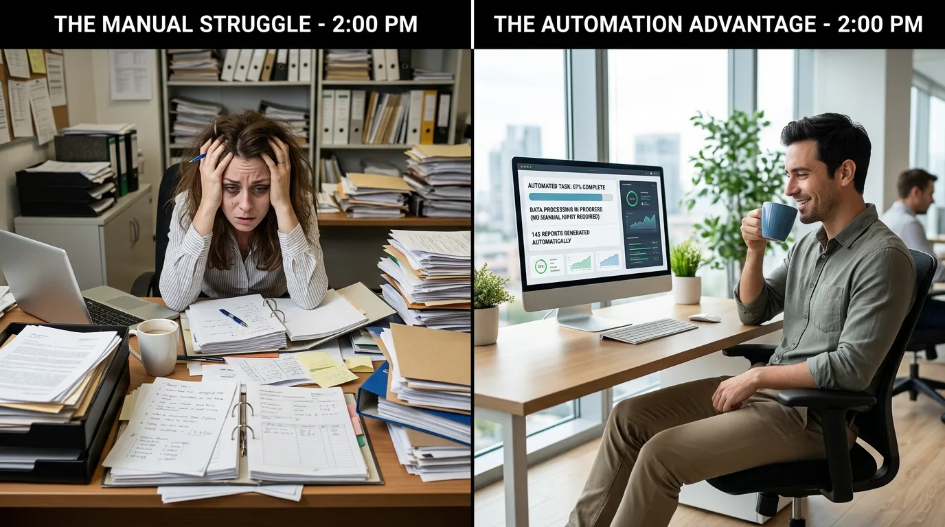 Comparação lado a lado entre processo manual lento e processo automatizado eficiente