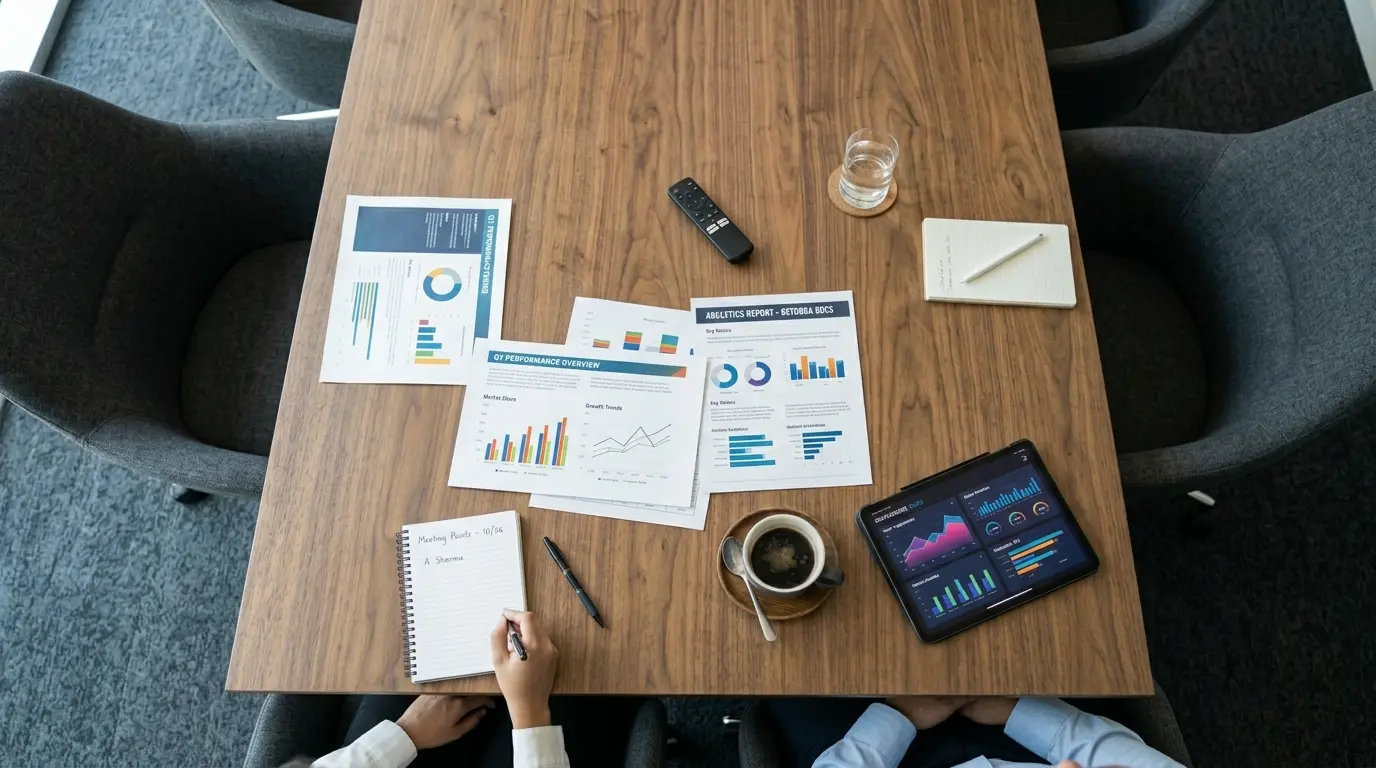 Visão superior de uma mesa de madeira moderna com tablets e gráficos de Business Intelligence