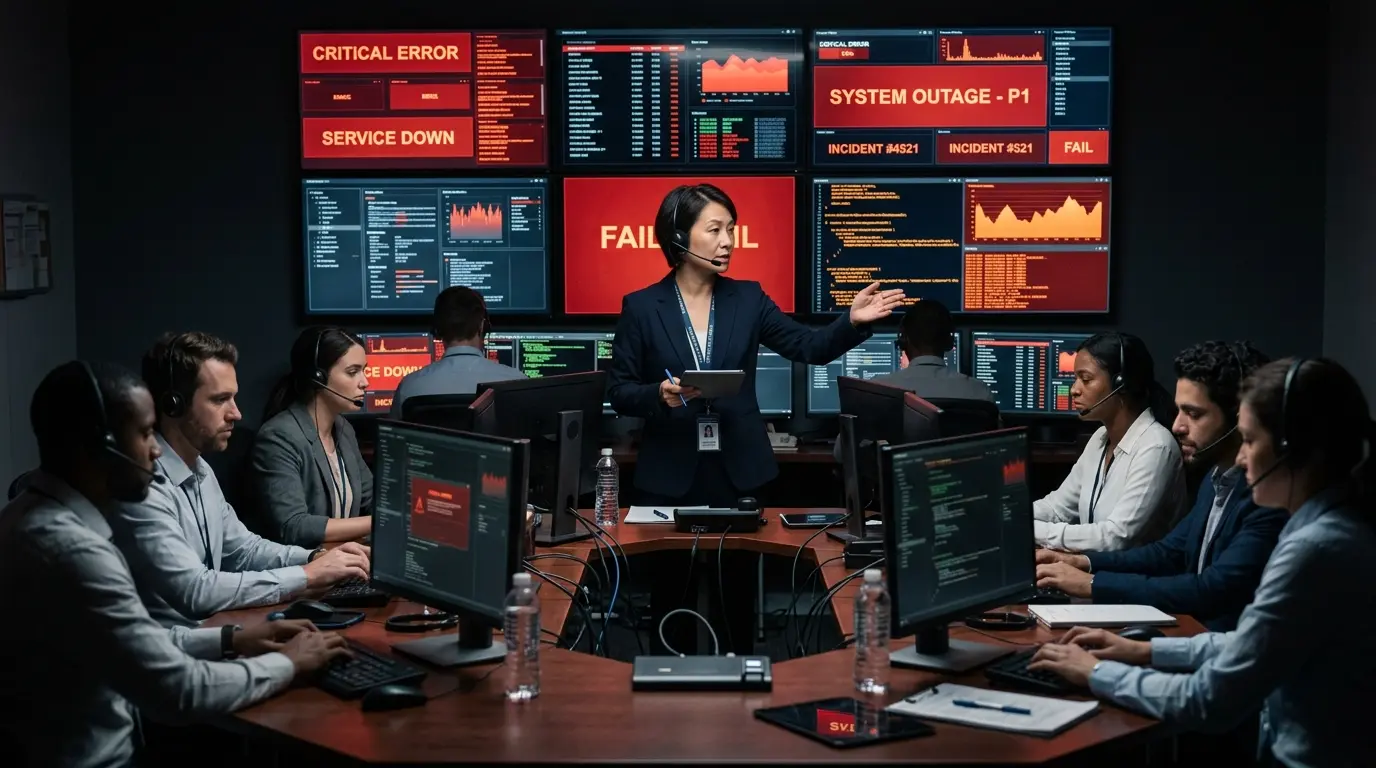 Uma sala de guerra (War Room) de TI durante uma crise sistêmica, com profissionais monitorando dezenas de telas.