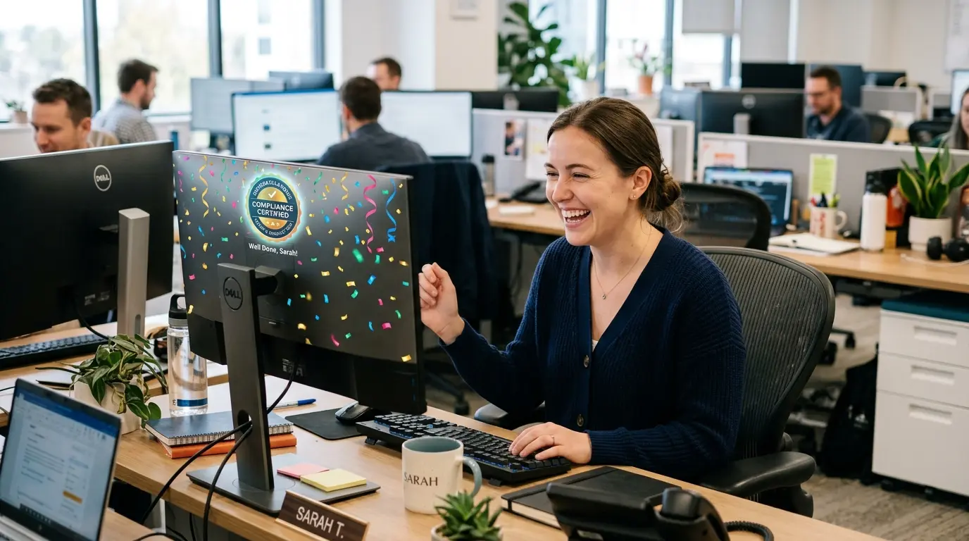 Colaborador engajado e sorrindo durante o trabalho