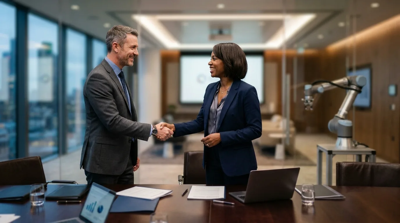 Dois profissionais fechando um acordo, representando a importância da negociação