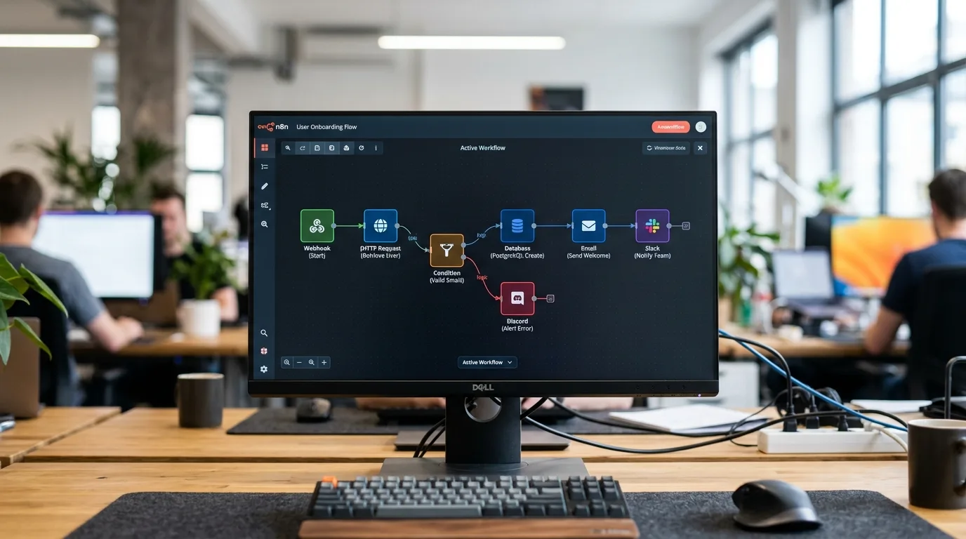 Monitor mostrando fluxos de automação avançados e dashboards de desempenho
