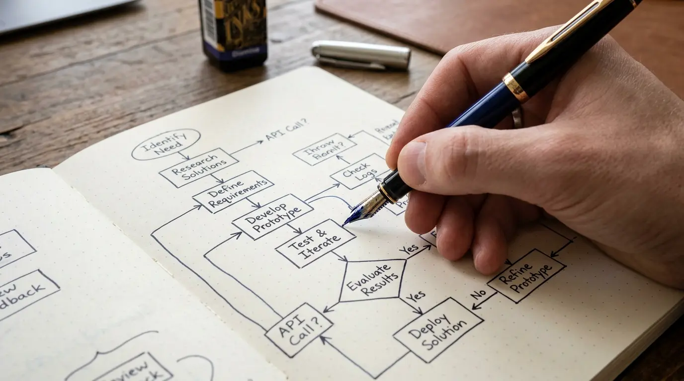 Mão desenhando um fluxograma complexo no papel.