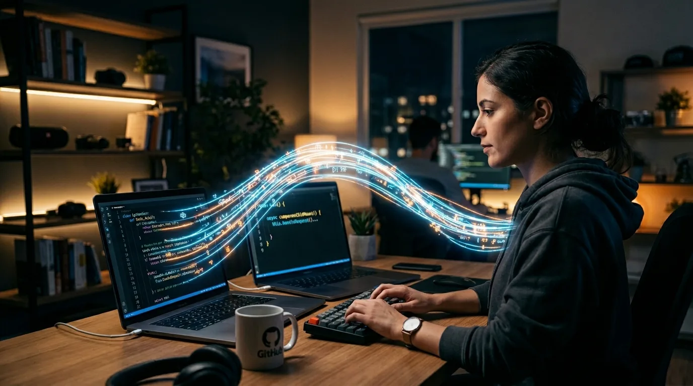 Desenvolvedor analisando dados e integração de sistemas em telas separadas