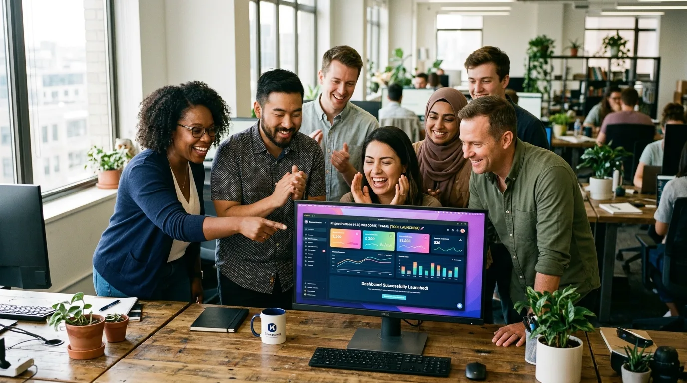 Equipe diversa colaborando em um projeto de tecnologia visual