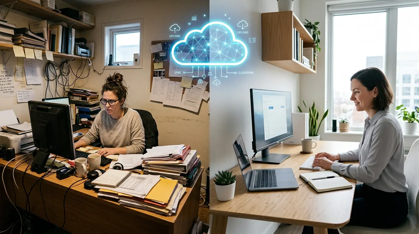 Imagem dividida mostrando o contraste entre uma sala de servidores antiga e desorganizada versus uma interface de nuvem limpa e digital.