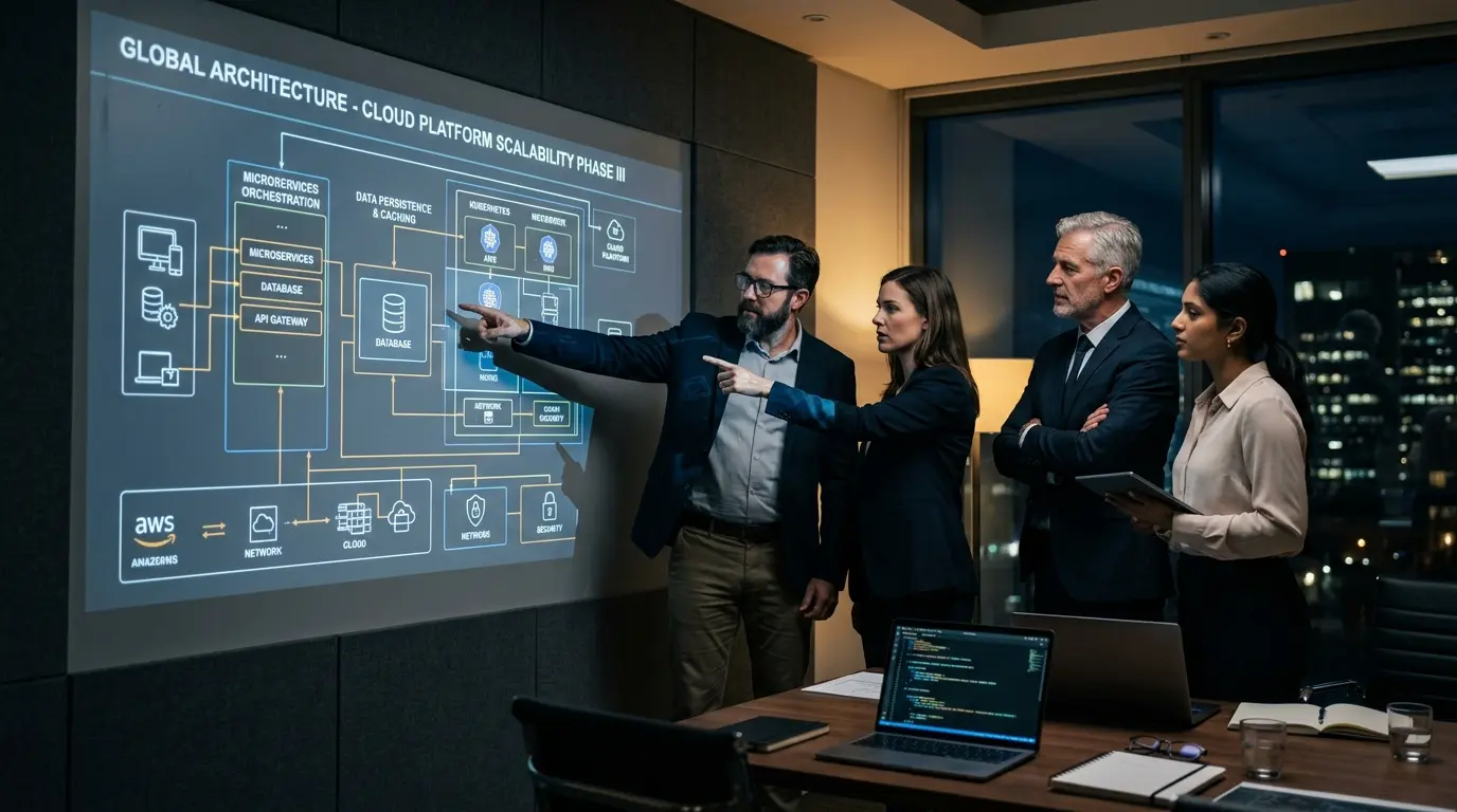 Equipe de arquitetos de software discutindo o desenvolvimento de sistemas