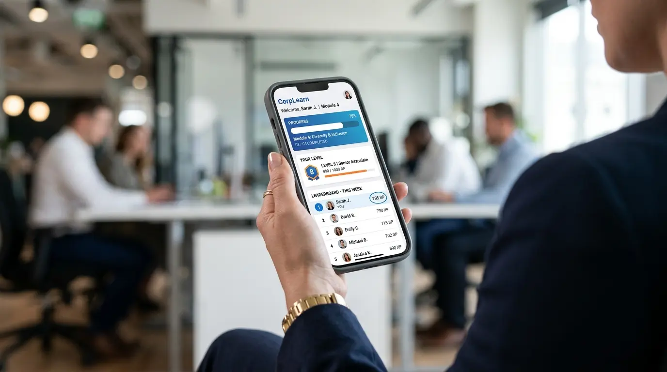 Smartphone exibindo um aplicativo de treinamento digital gamificado