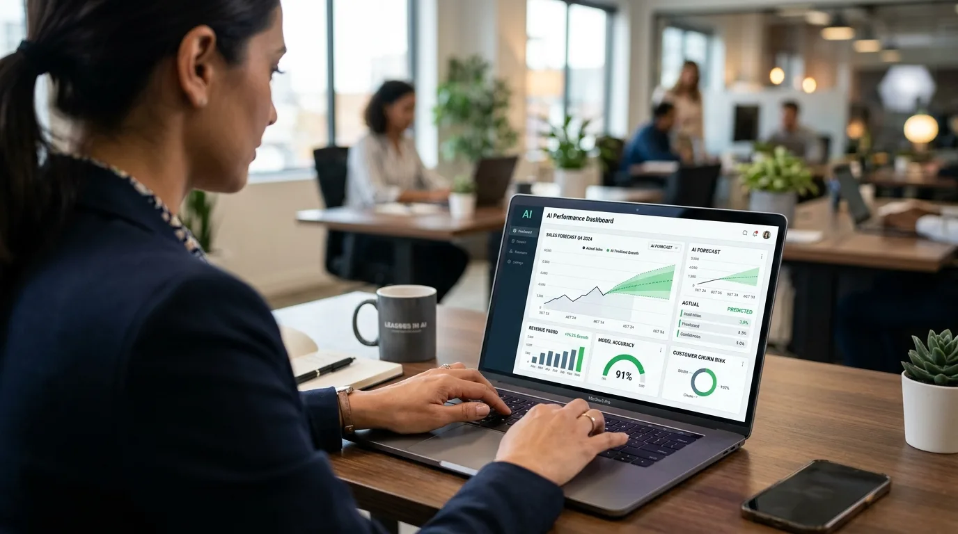 Líder corporativo focando em estratégia através da inteligência artificial na gestão de negócios.