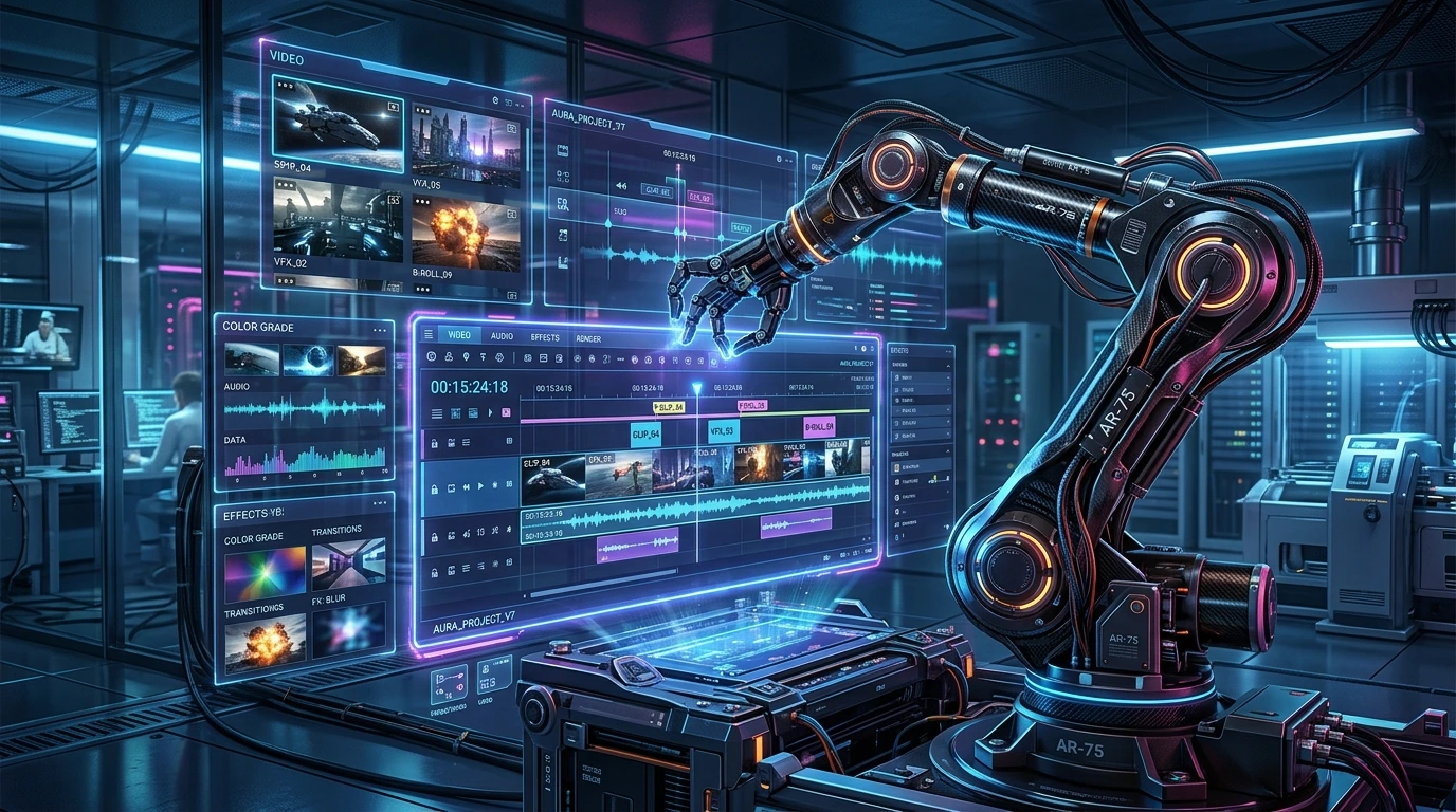 Braço robótico futurista interagindo com interface digital, simbolizando a precisão da IA local