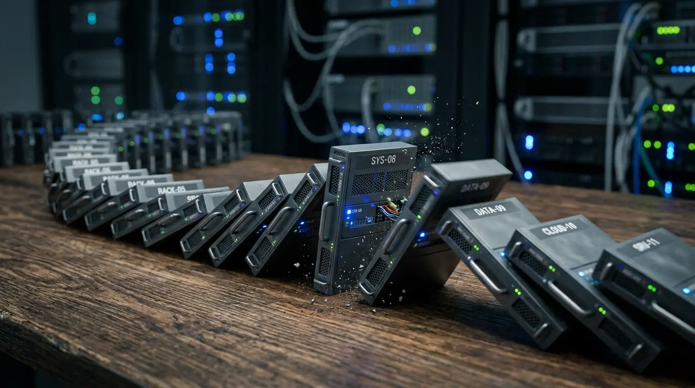 Uma macro fotografia de uma linha de dominós caindo, representando o efeito em cascata em sistemas complexos.