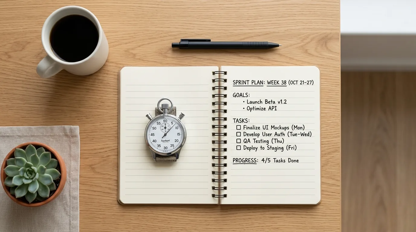 Mesa de trabalho minimalista com cronômetro representando gestão de tempo ágil