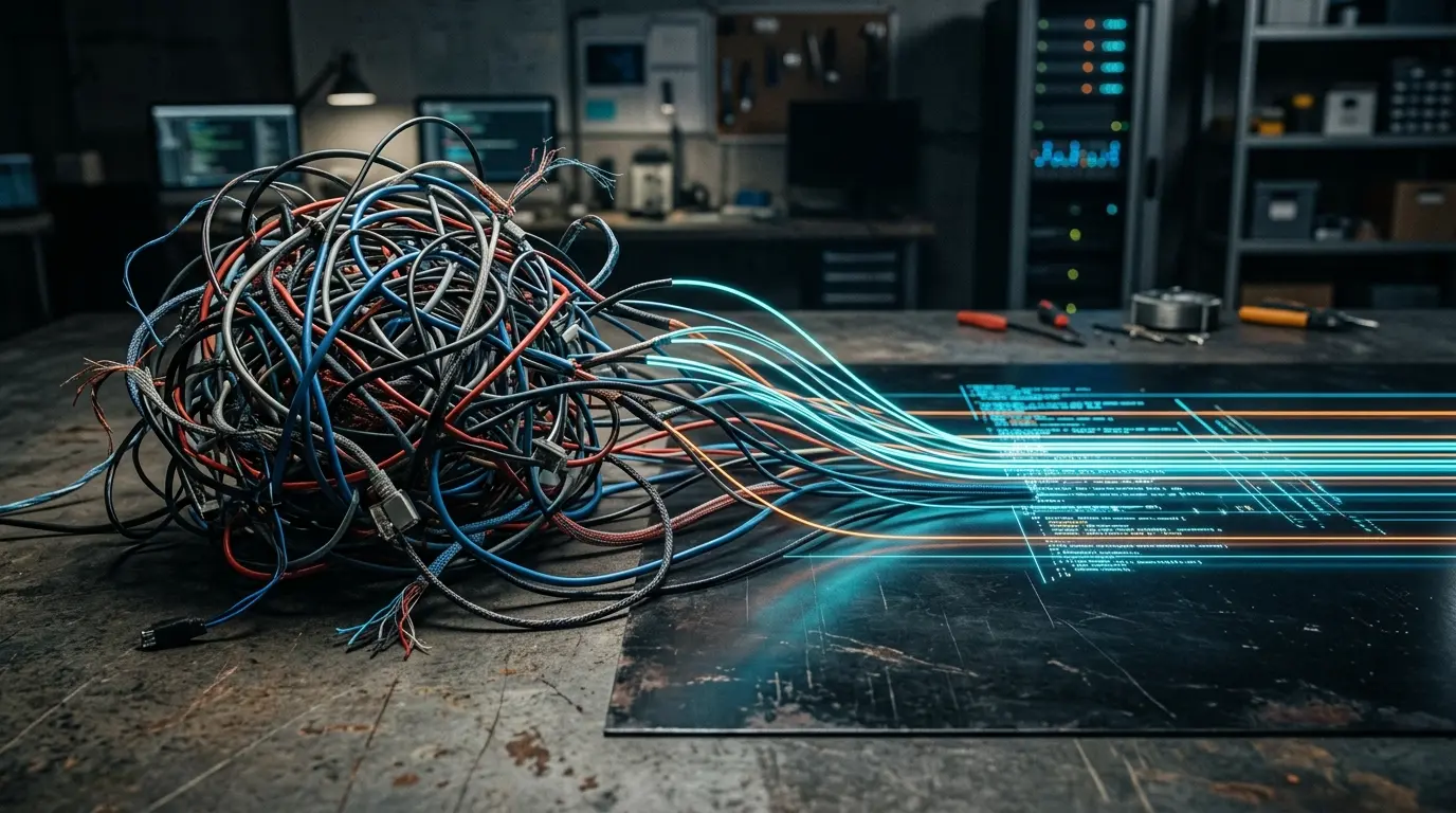 Imagem fotorrealista de um código-fonte sendo escrito, com reflexos em uma tela escura.