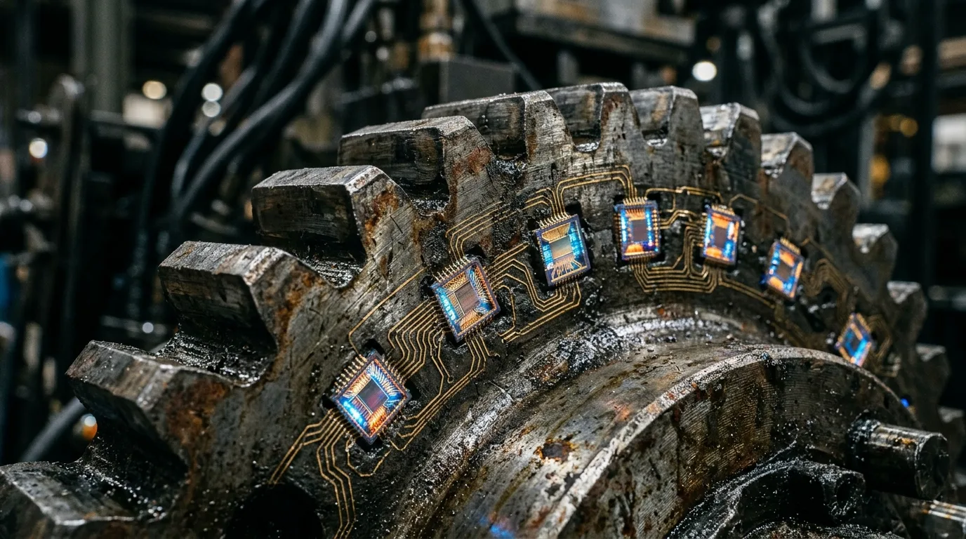 Detalhe de um equipamento industrial pesado operando de forma autônoma