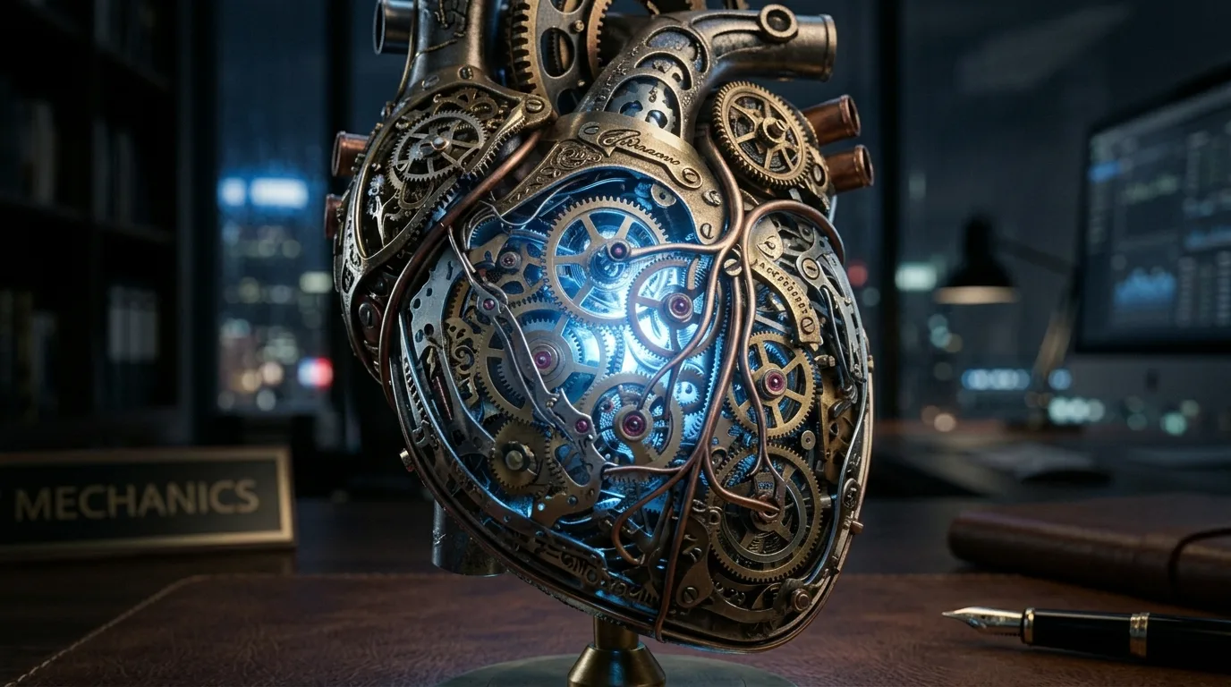 Um coração mecânico feito de engrenagens, representando a tentativa de mecanizar as emoções e o afeto.