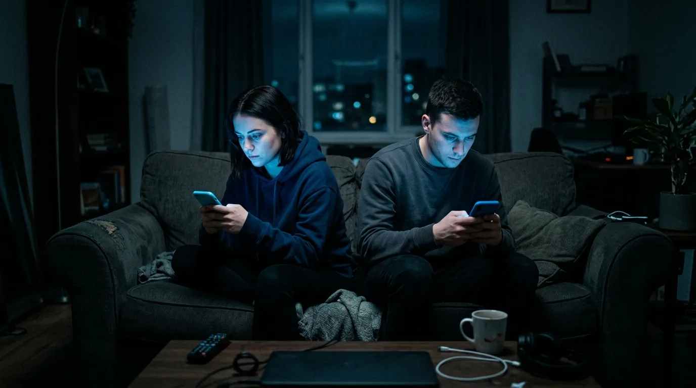 Casal sentado lado a lado, mas fisicamente distantes, ambos olhando fixamente para seus celulares