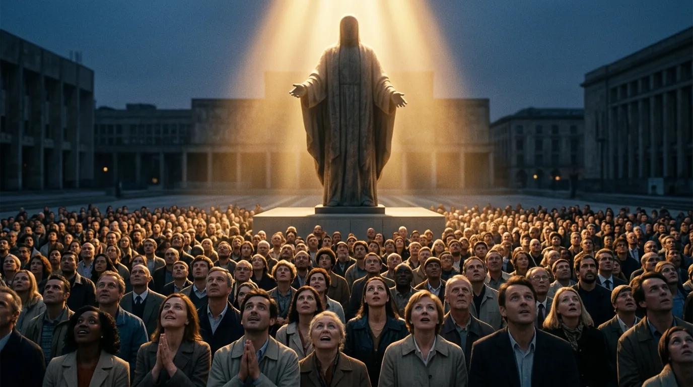 Multidão olhando para cima com expectativa, representando a população aguardando direcionamento do Estado.