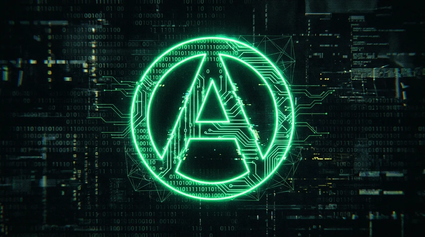 Símbolo de anarquismo cibernético em neon, ilustrando a filosofia de sistemas descentralizados e a liberdade incondicional de código.