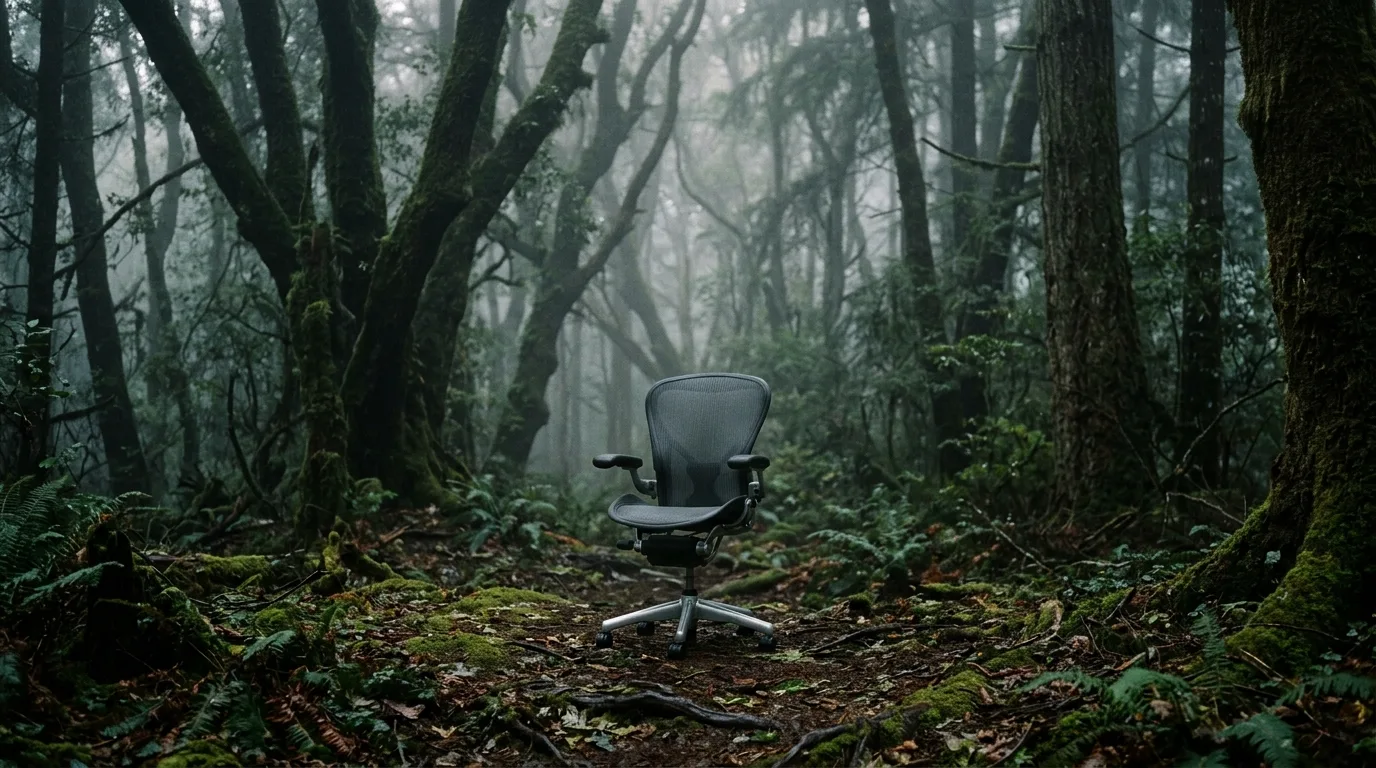 Uma cadeira vazia em um escritório, simbolizando a ausência e o término da vida corporativa.