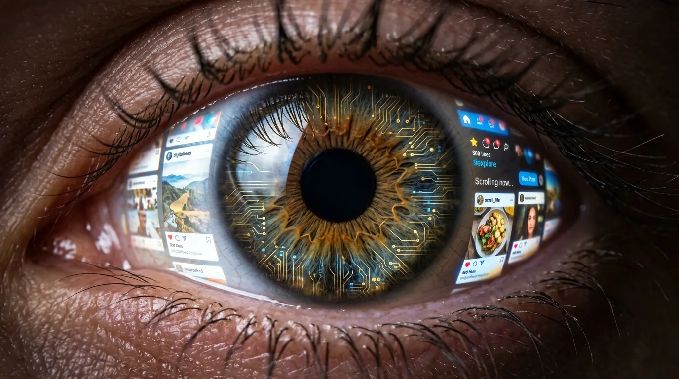 Reflexo de algoritmos e ícones de redes sociais no olho humano