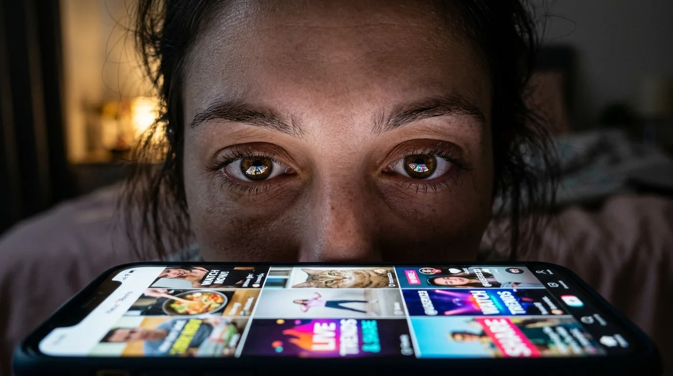 Pessoa com os olhos fixos na tela brilhante de um smartphone em um ambiente escuro, simbolizando o consumo digital moderno.