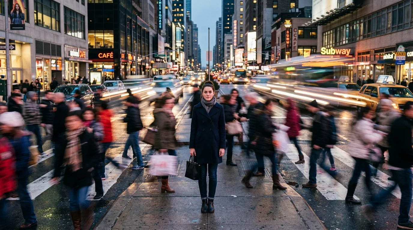 Figura solitária em meio a um ambiente vasto, representando o isolamento interior na era digital