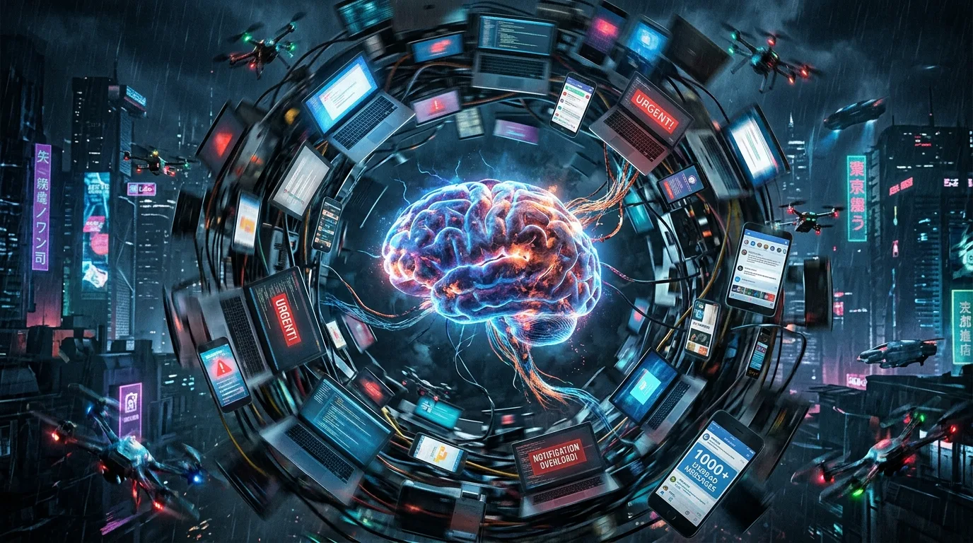 Ilustração de um cérebro brilhante sobrecarregado por informações digitais