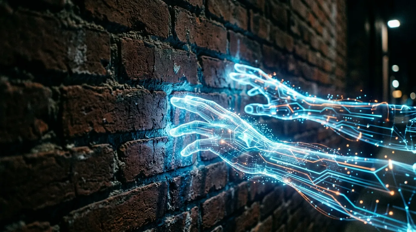 Mãos holográficas se tocando em uma representação gráfica brilhante