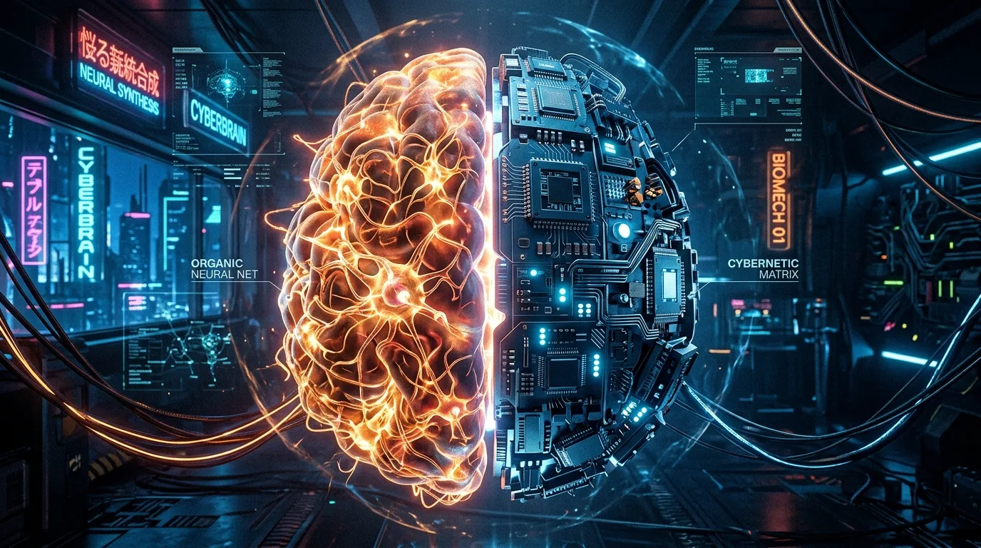Representação artística do cérebro humano dividido entre a biologia orgânica e a estrutura cibernética