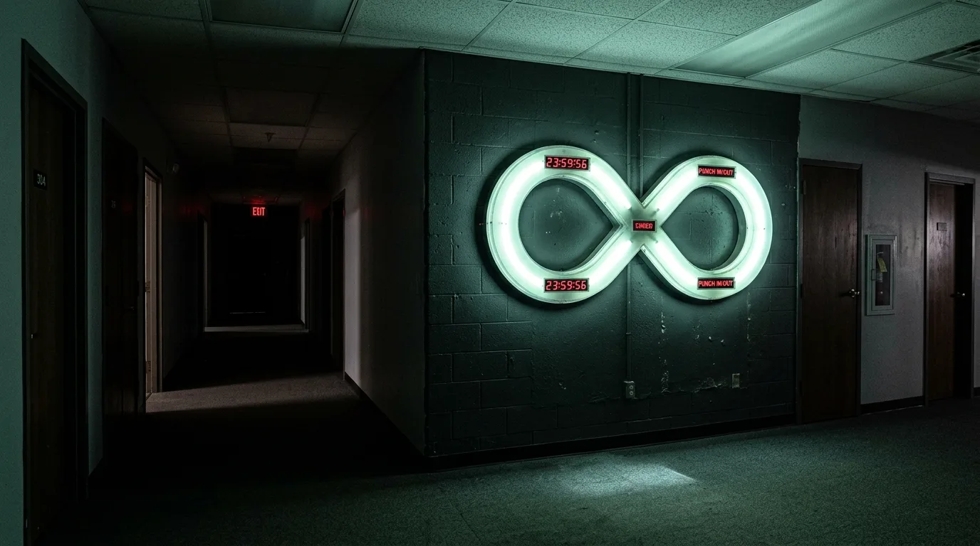 Símbolo do infinito digital representando o fluxo interminável de e-mails e tarefas no ambiente corporativo.