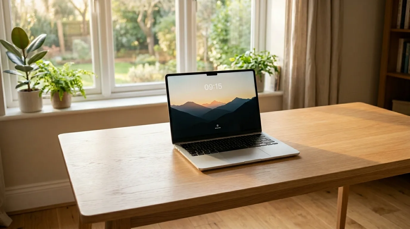 Notebook aberto em uma mesa de madeira representando o ambiente de pesquisa do consumidor