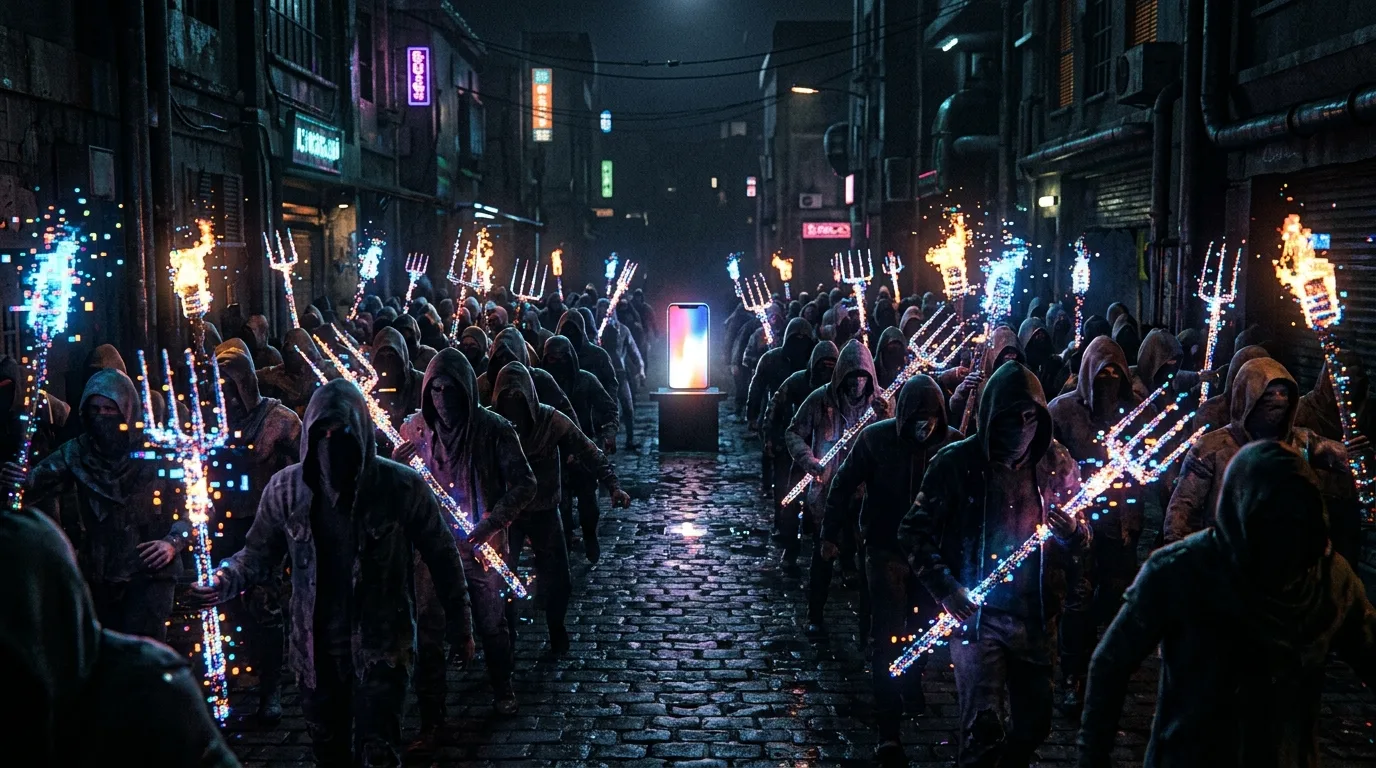 Multidão segurando forcados de forma digital, simbolizando o linchamento virtual.