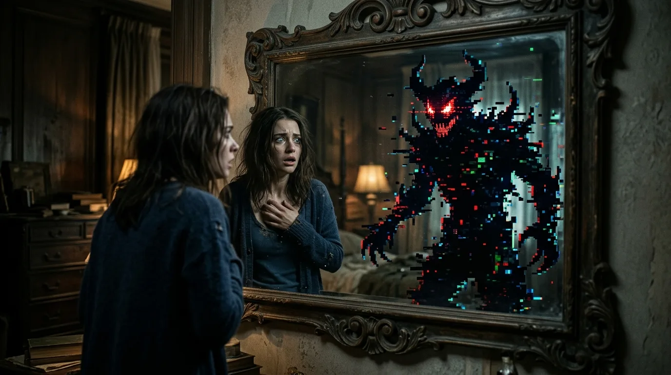 Pessoa olhando para um espelho digital, refletindo a conexão psíquica com o meio tecnológico