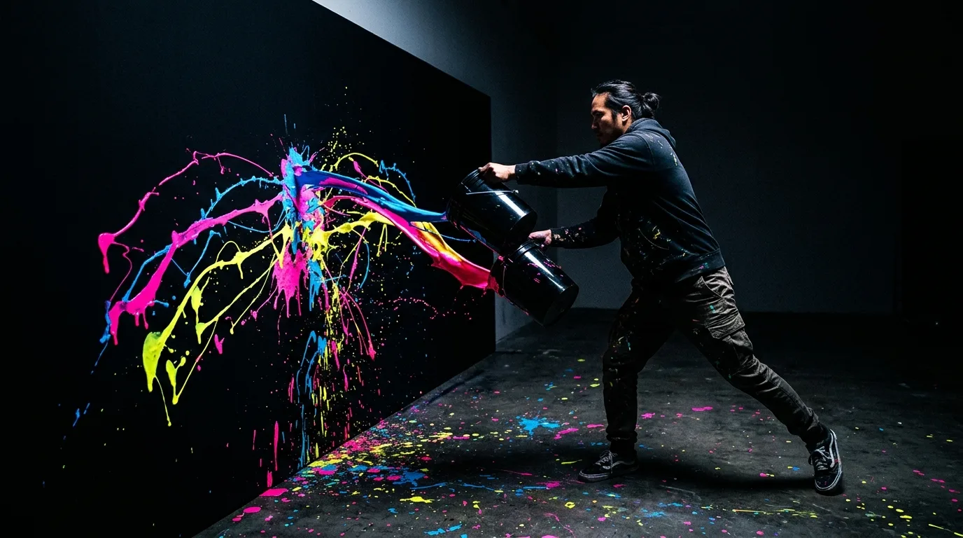 Pessoa interagindo criativamente com cores neon, representando a ação no vazio digital