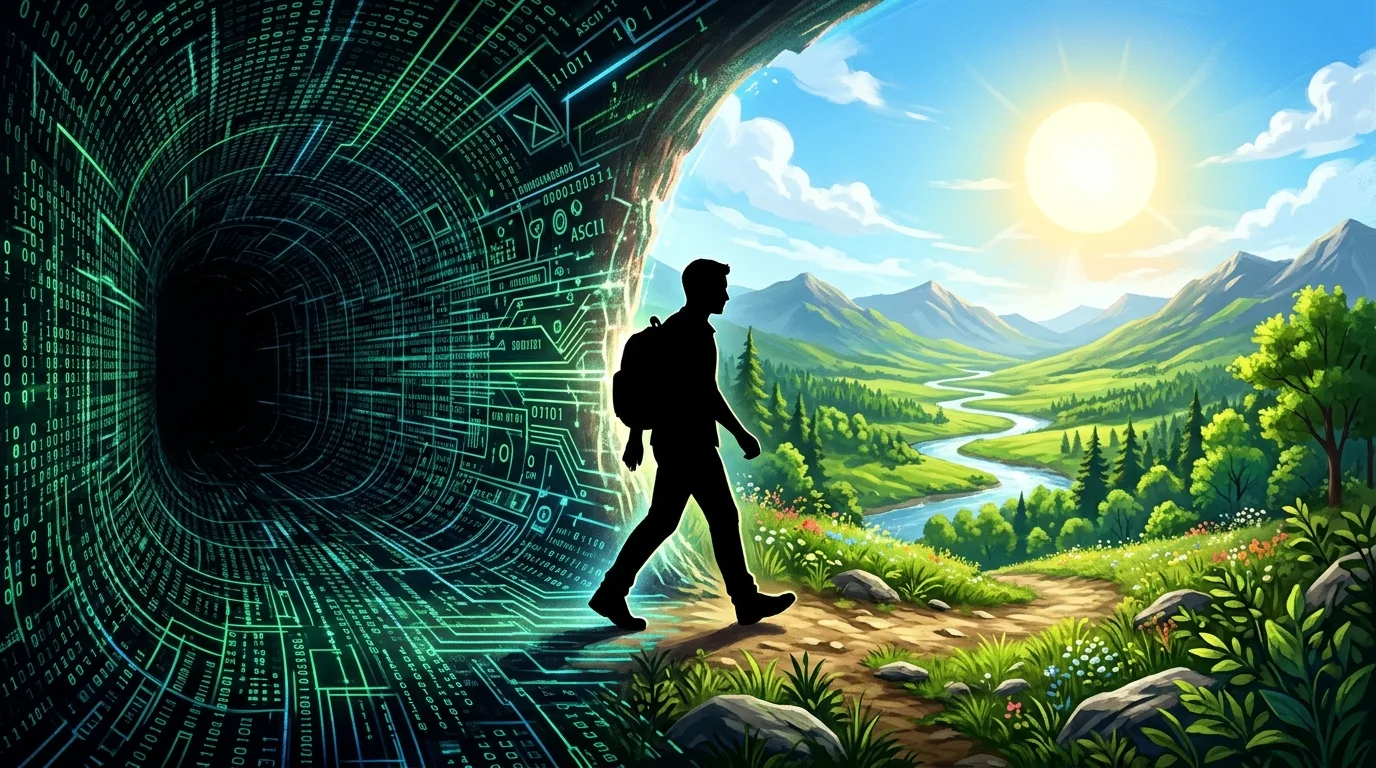 Pessoa saindo de uma caverna escura em direção ao sol