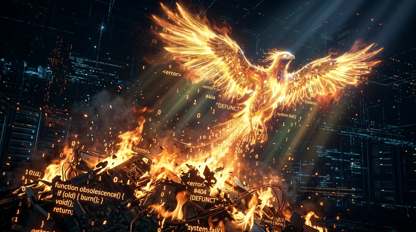 Fênix ressurgindo de cinzas digitais e códigos