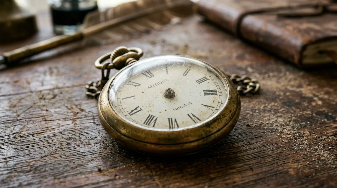Relógio de bolso repousando, representando o tempo que agora pertence exclusivamente ao indivíduo.