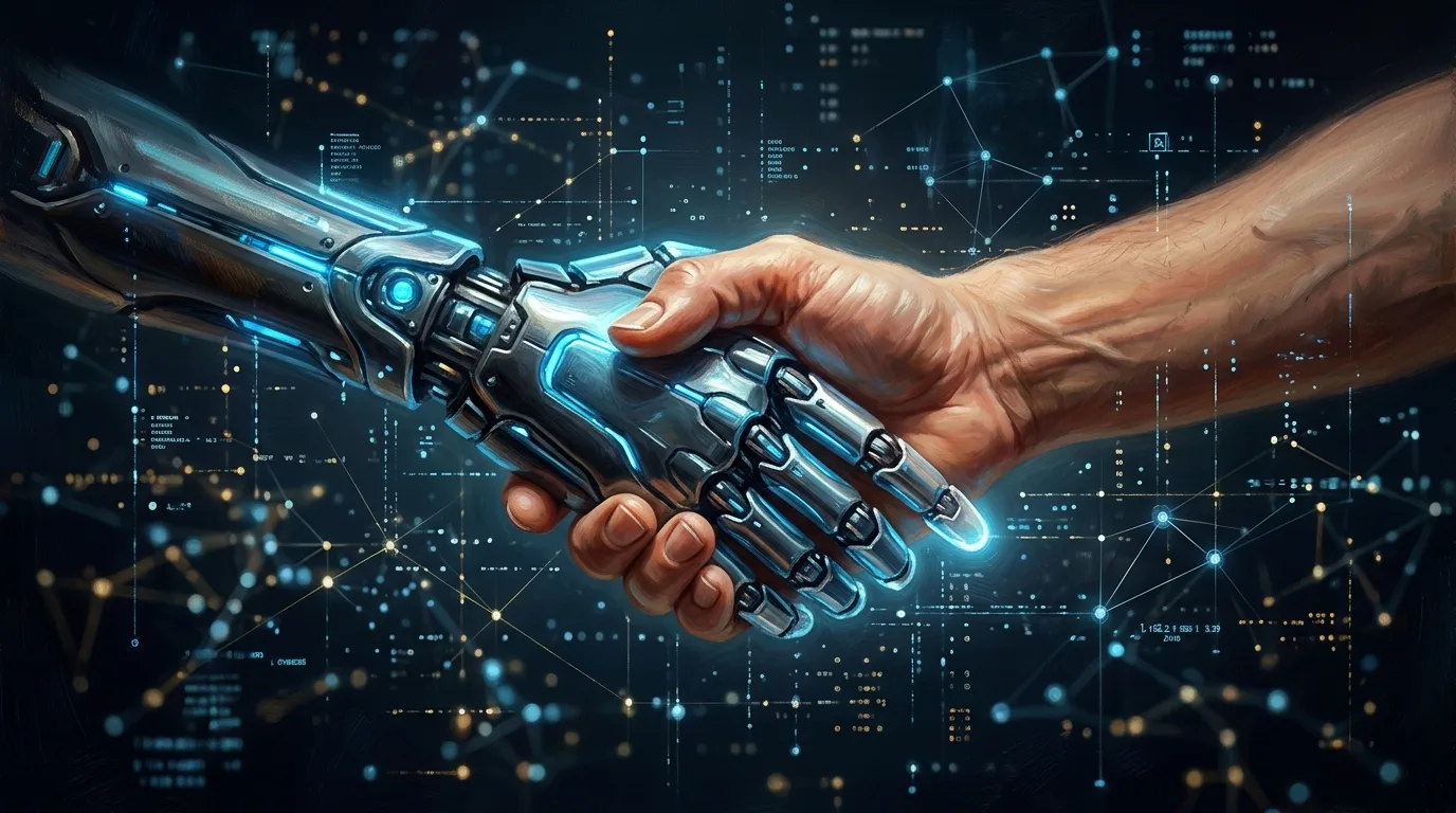Uma mão humana apertando uma mão robótica, simbolizando a fusão entre tecnologia e relações interpessoais.