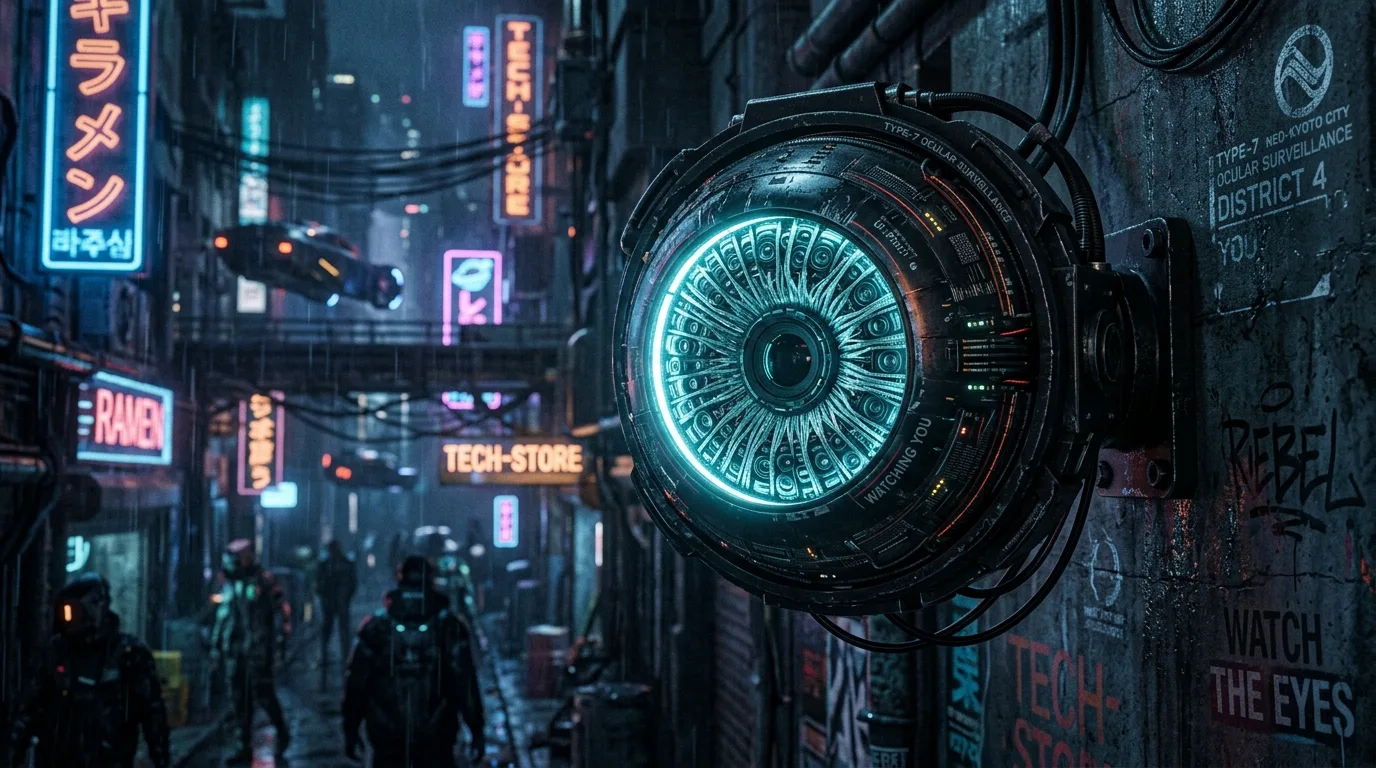 Câmera de segurança estilizada representando a observação digital contínua