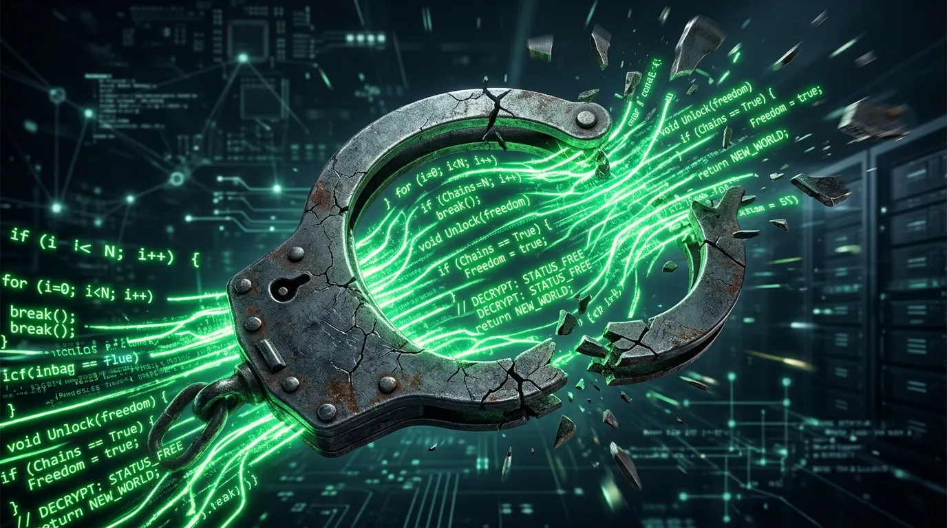 Algemas de aço de alta segurança sendo rompidas, uma metáfora visual poderosa para a emancipação digital promovida pelo conhecimento aberto e pela criptografia.