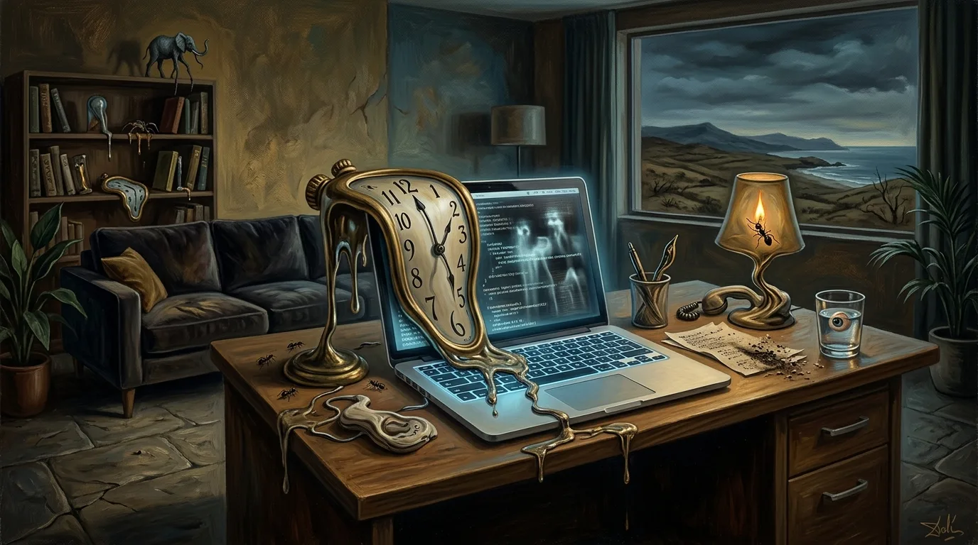 Pintura surrealista ilustrando a fusão entre o ambiente doméstico e a pressão invisível do escritório