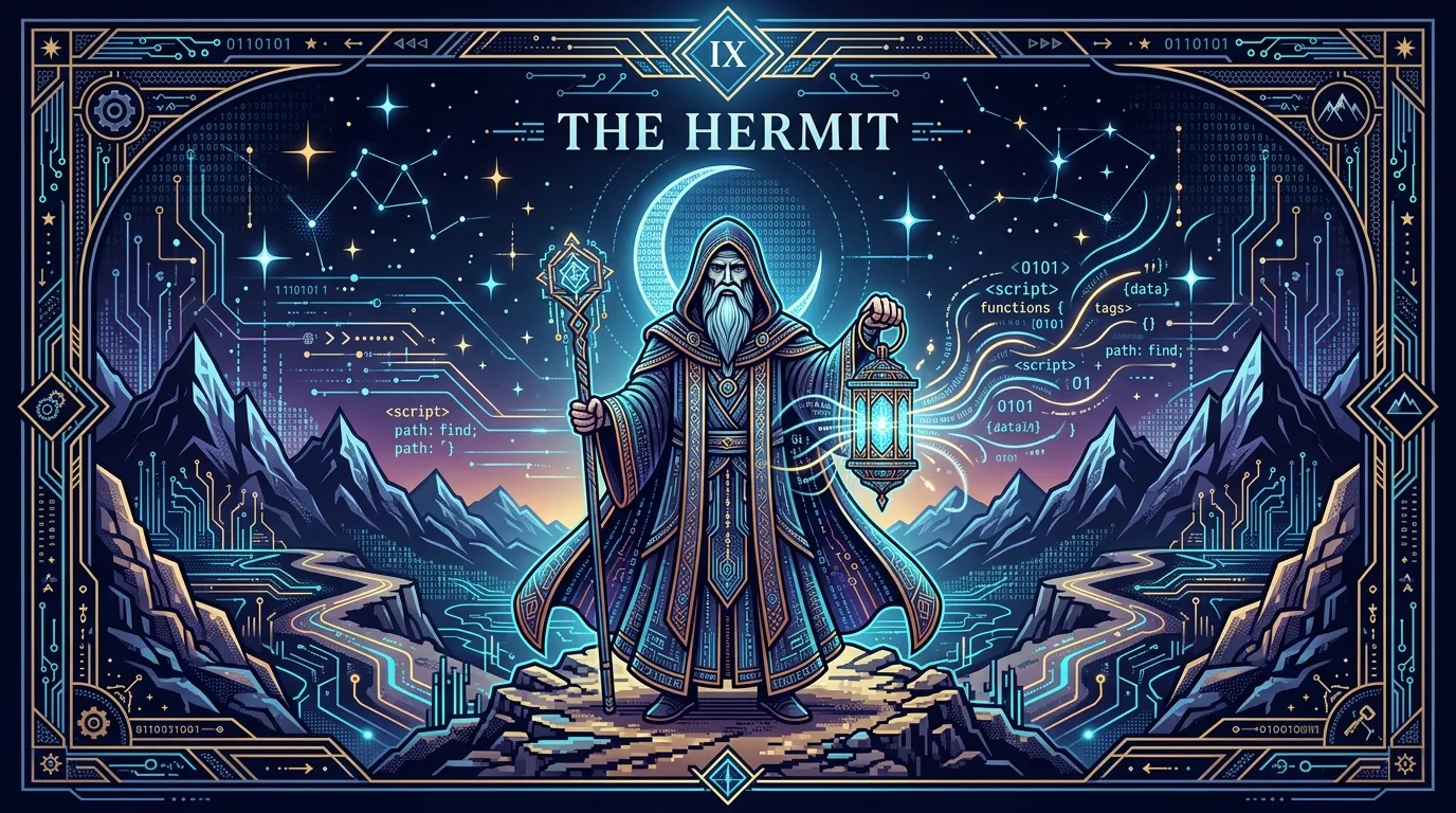 Ilustração estilo carta de tarot mesclando sabedoria ancestral e tecnologia